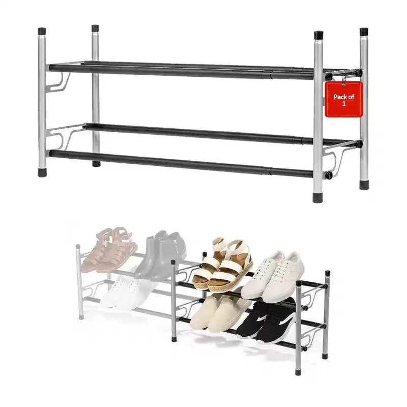 Étagère à chaussures à 2 niveaux, argent avec barres noires