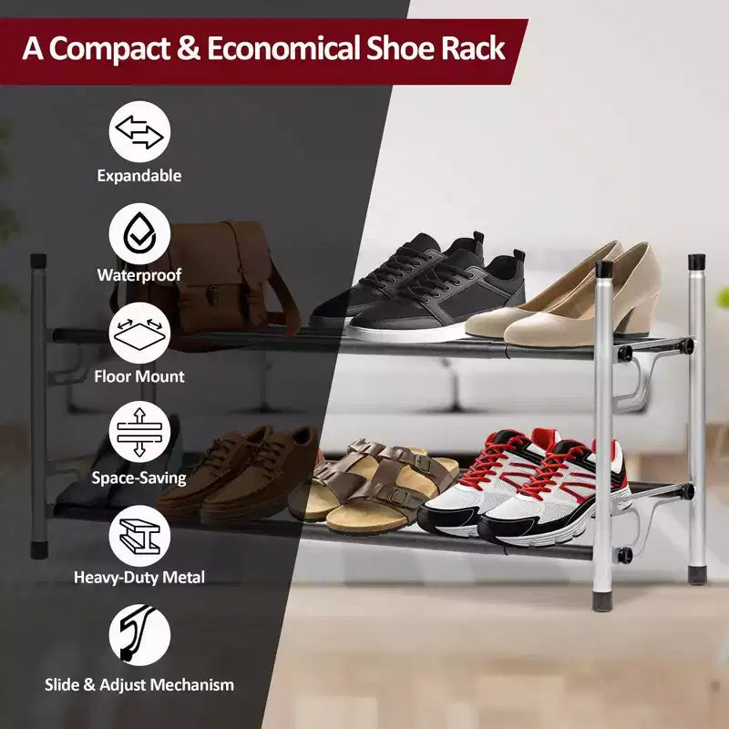 Étagère à chaussures à 2 niveaux, argent avec barres noires