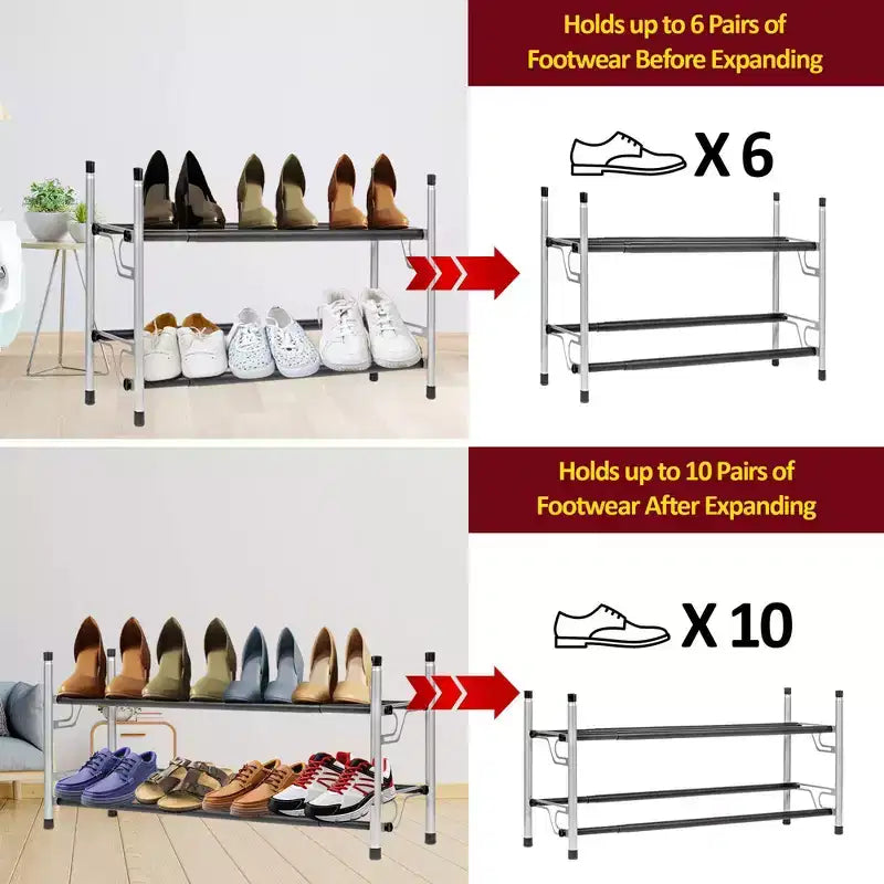 Étagère à chaussures à 2 niveaux, argent avec barres noires