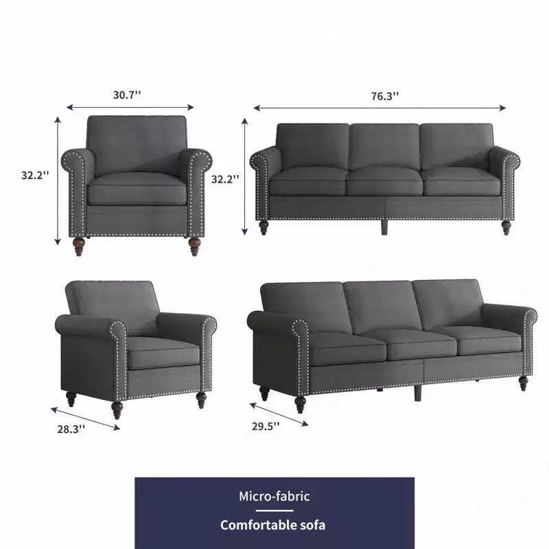 Modern Linen Fabric 3-Seater Sofa Couch with Single Sofa Chair, Rivet Design for Living Room, Bedroom, Apartment, Office