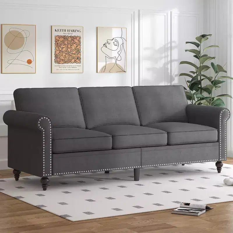 Modern Linen Fabric 3-Seater Sofa Couch with Single Sofa Chair, Rivet Design for Living Room, Bedroom, Apartment, Office