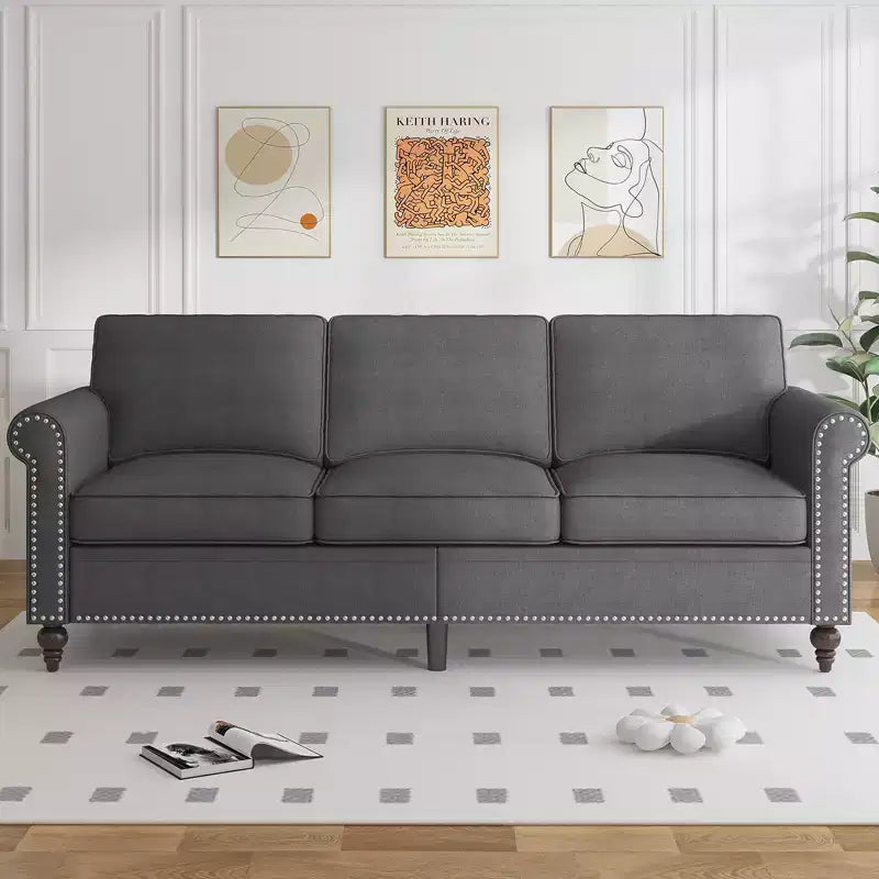 Modern Linen Fabric 3-Seater Sofa Couch with Single Sofa Chair, Rivet Design for Living Room, Bedroom, Apartment, Office