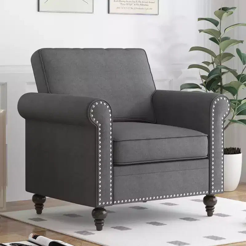 Modern Linen Fabric 3-Seater Sofa Couch with Single Sofa Chair, Rivet Design for Living Room, Bedroom, Apartment, Office