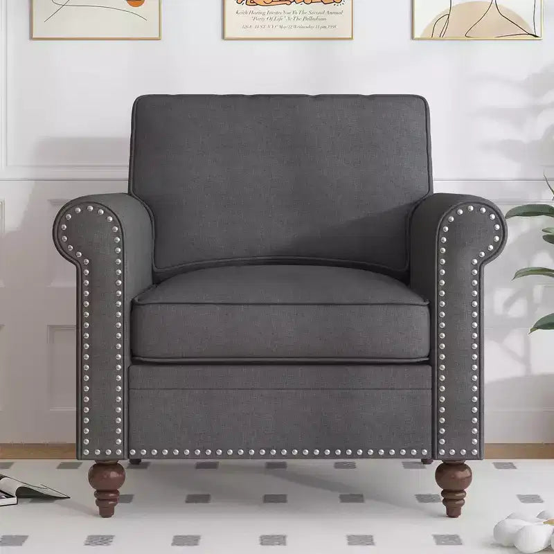 Modern Linen Fabric 3-Seater Sofa Couch with Single Sofa Chair, Rivet Design for Living Room, Bedroom, Apartment, Office