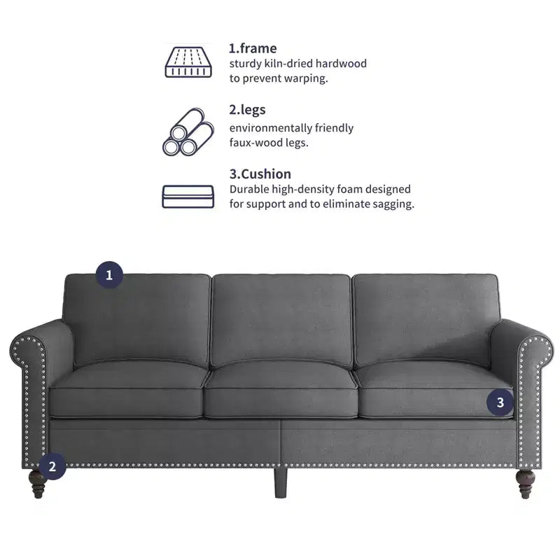 Modern Linen Fabric 3-Seater Sofa Couch with Single Sofa Chair, Rivet Design for Living Room, Bedroom, Apartment, Office