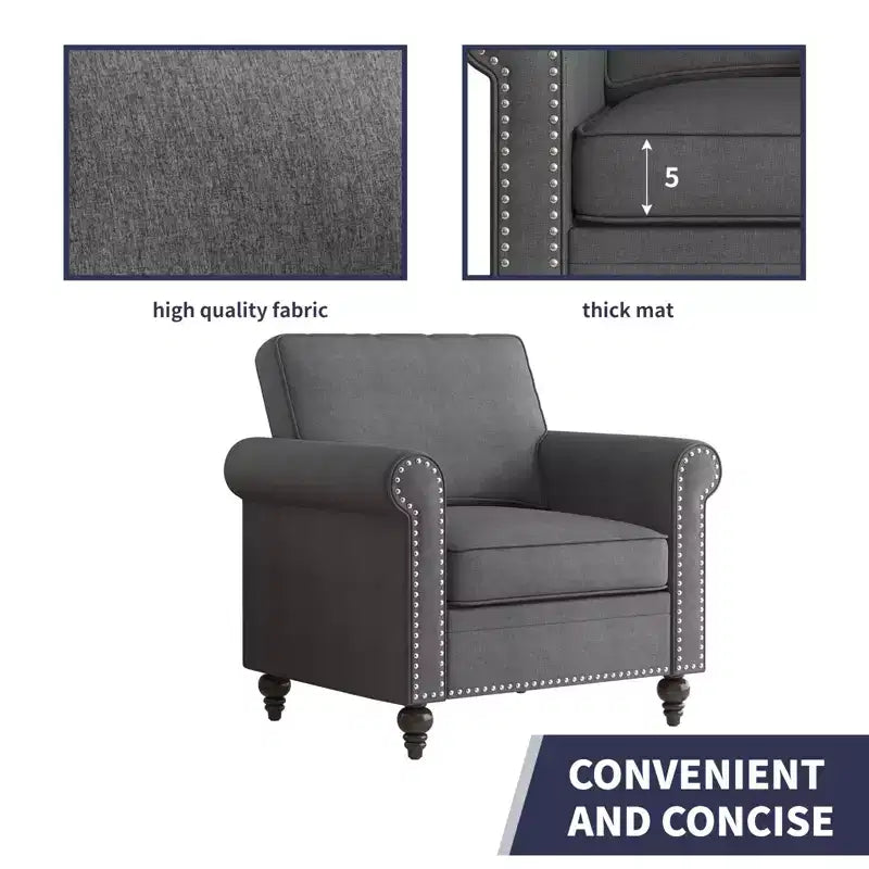 Modern Linen Fabric 3-Seater Sofa Couch with Single Sofa Chair, Rivet Design for Living Room, Bedroom, Apartment, Office