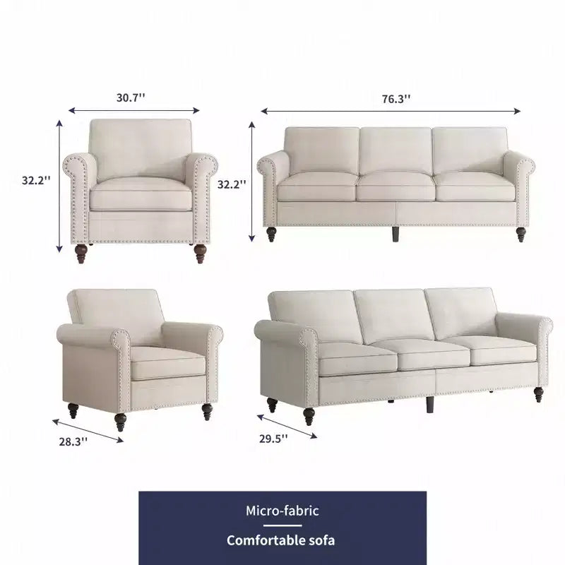 Modern Linen Fabric 3-Seater Sofa Couch with Single Sofa Chair, Rivet Design for Living Room, Bedroom, Apartment, Office