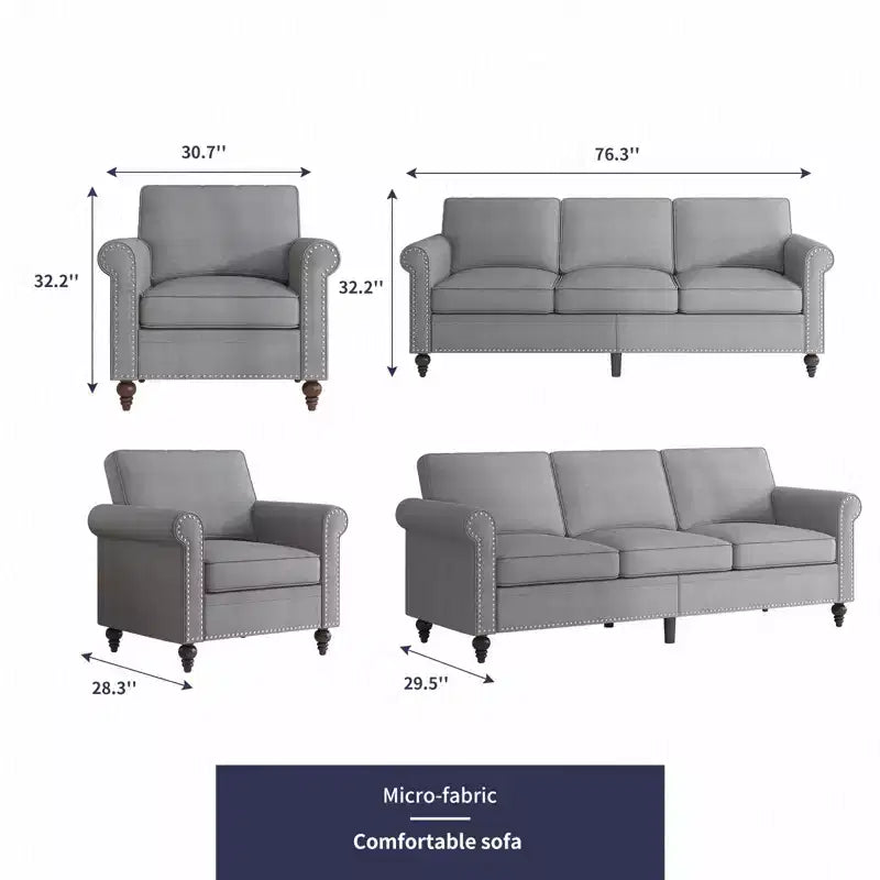 Modern Linen Fabric 3-Seater Sofa Couch with Single Sofa Chair, Rivet Design for Living Room, Bedroom, Apartment, Office