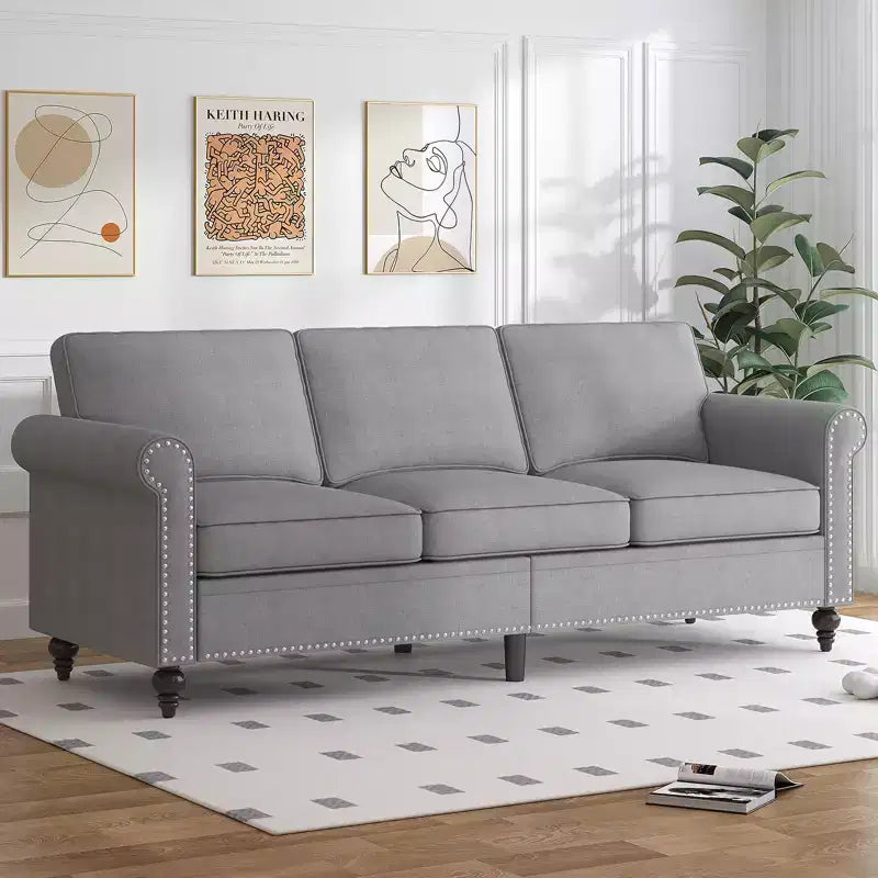 Modern Linen Fabric 3-Seater Sofa Couch with Single Sofa Chair, Rivet Design for Living Room, Bedroom, Apartment, Office