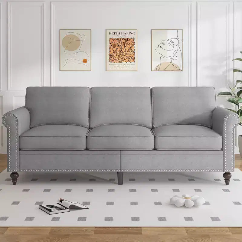 Modern Linen Fabric 3-Seater Sofa Couch with Single Sofa Chair, Rivet Design for Living Room, Bedroom, Apartment, Office