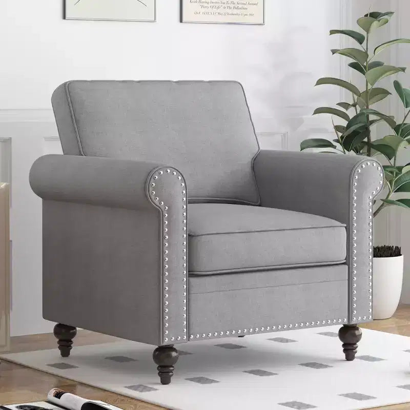 Modern Linen Fabric 3-Seater Sofa Couch with Single Sofa Chair, Rivet Design for Living Room, Bedroom, Apartment, Office