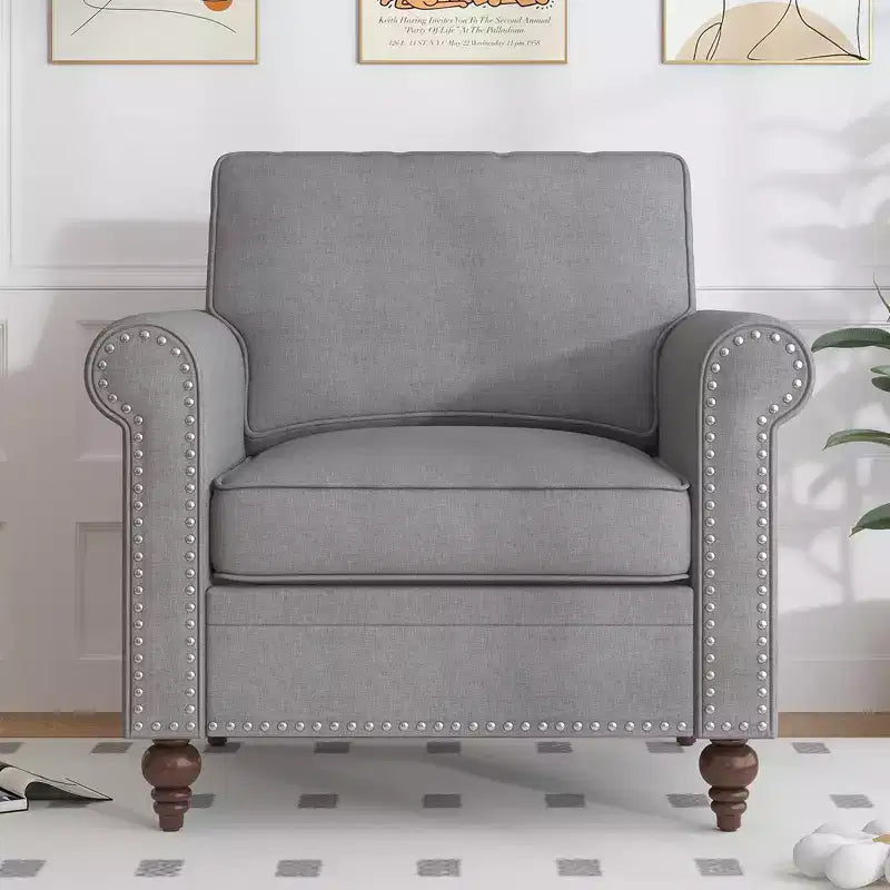 Modern Linen Fabric 3-Seater Sofa Couch with Single Sofa Chair, Rivet Design for Living Room, Bedroom, Apartment, Office