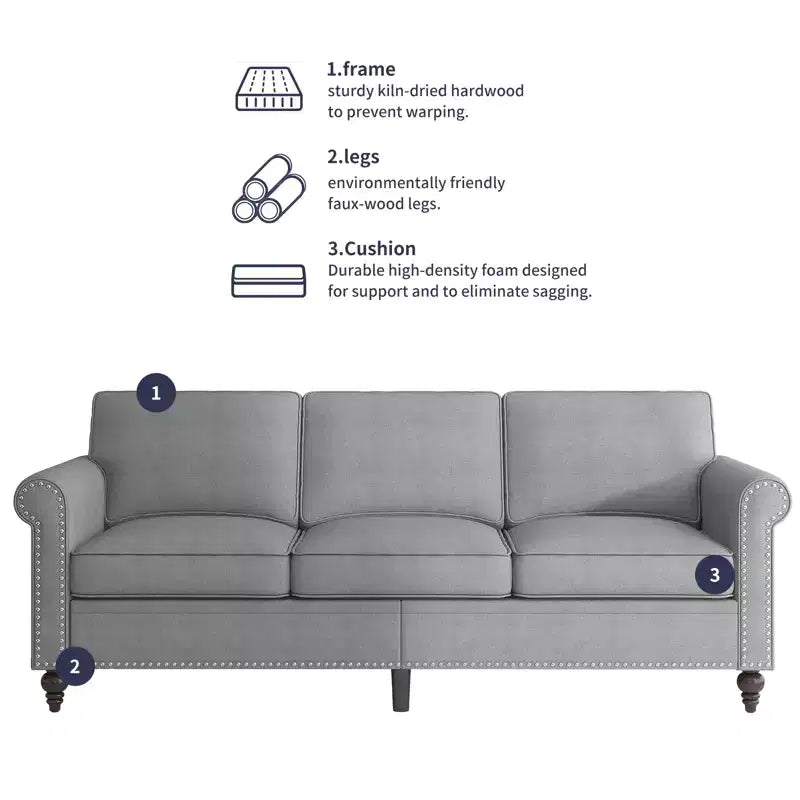 Modern Linen Fabric 3-Seater Sofa Couch with Single Sofa Chair, Rivet Design for Living Room, Bedroom, Apartment, Office