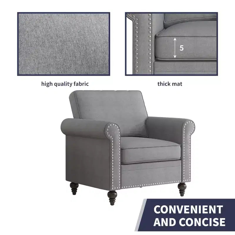 Modern Linen Fabric 3-Seater Sofa Couch with Single Sofa Chair, Rivet Design for Living Room, Bedroom, Apartment, Office