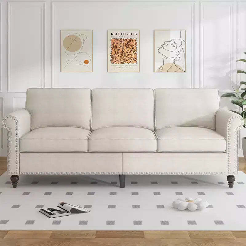 Modern Linen Fabric 3-Seater Sofa Couch with Single Sofa Chair, Rivet Design for Living Room, Bedroom, Apartment, Office