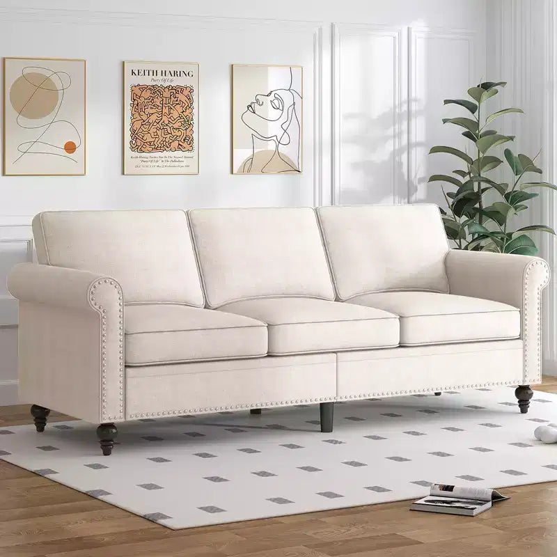 Modern Linen Fabric 3-Seater Sofa Couch with Single Sofa Chair, Rivet Design for Living Room, Bedroom, Apartment, Office