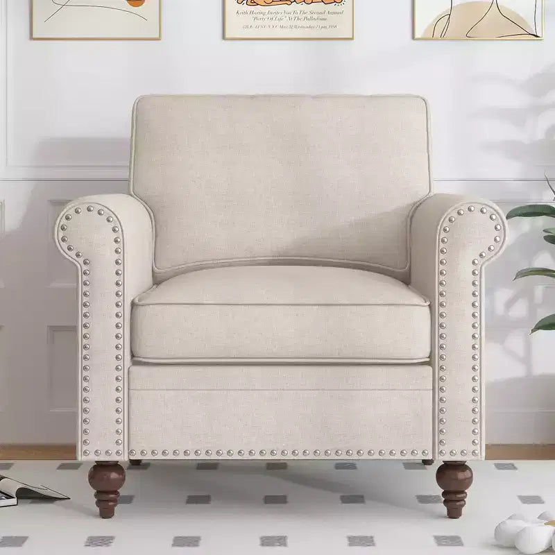 Modern Linen Fabric 3-Seater Sofa Couch with Single Sofa Chair, Rivet Design for Living Room, Bedroom, Apartment, Office