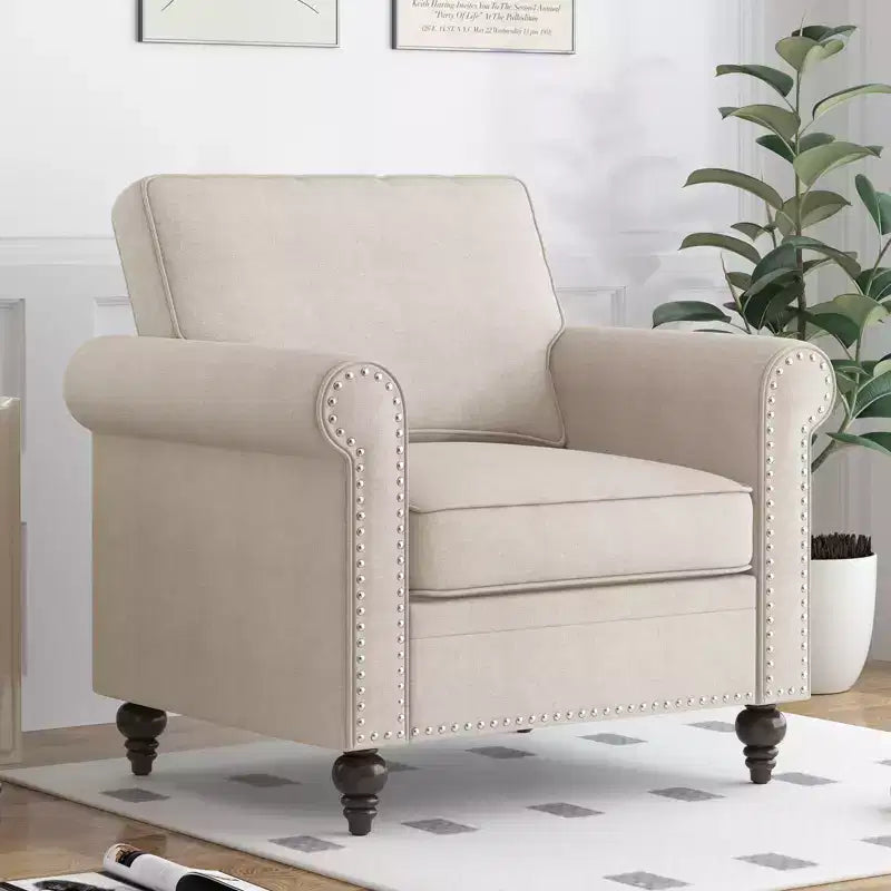 Modern Linen Fabric 3-Seater Sofa Couch with Single Sofa Chair, Rivet Design for Living Room, Bedroom, Apartment, Office