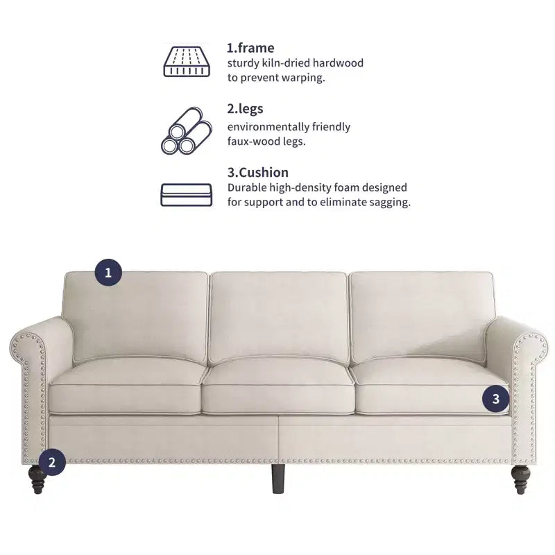Modern Linen Fabric 3-Seater Sofa Couch with Single Sofa Chair, Rivet Design for Living Room, Bedroom, Apartment, Office
