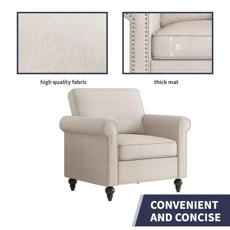 Modern Linen Fabric 3-Seater Sofa Couch with Single Sofa Chair, Rivet Design for Living Room, Bedroom, Apartment, Office