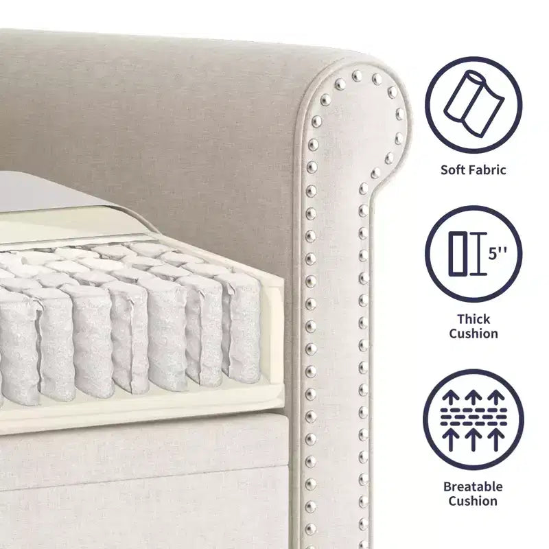 Modern Linen Fabric 3-Seater Sofa Couch with Single Sofa Chair, Rivet Design for Living Room, Bedroom, Apartment, Office