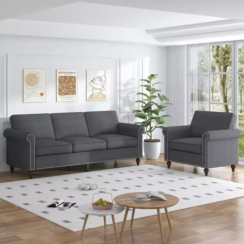 Modern Linen Fabric 3-Seater Sofa Couch with Single Sofa Chair, Rivet Design for Living Room, Bedroom, Apartment, Office
