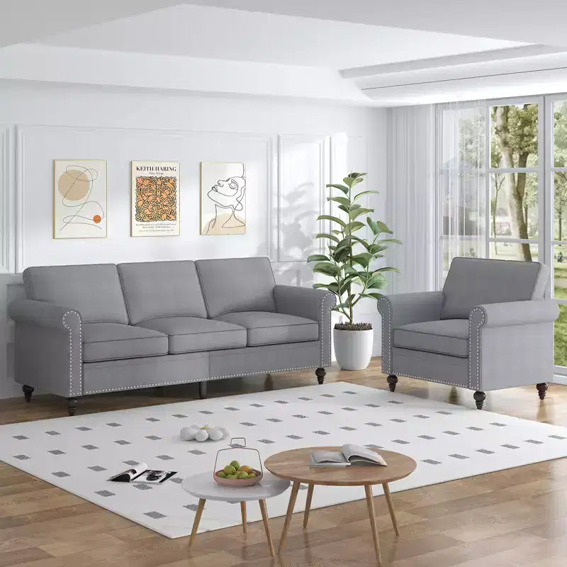 Modern Linen Fabric 3-Seater Sofa Couch with Single Sofa Chair, Rivet Design for Living Room, Bedroom, Apartment, Office