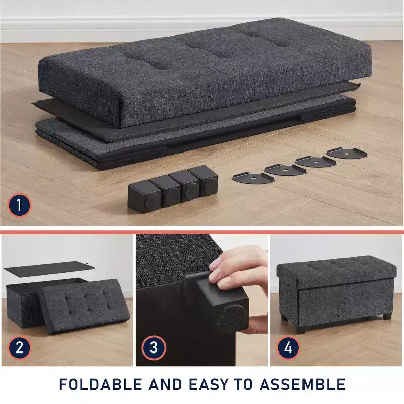 Foldable Tufted 30" Linen Bench Storage Ottoman with Legs for Bedroom, Entryway and Living Room