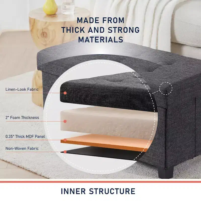 Foldable Tufted 30" Linen Bench Storage Ottoman with Legs for Bedroom, Entryway and Living Room