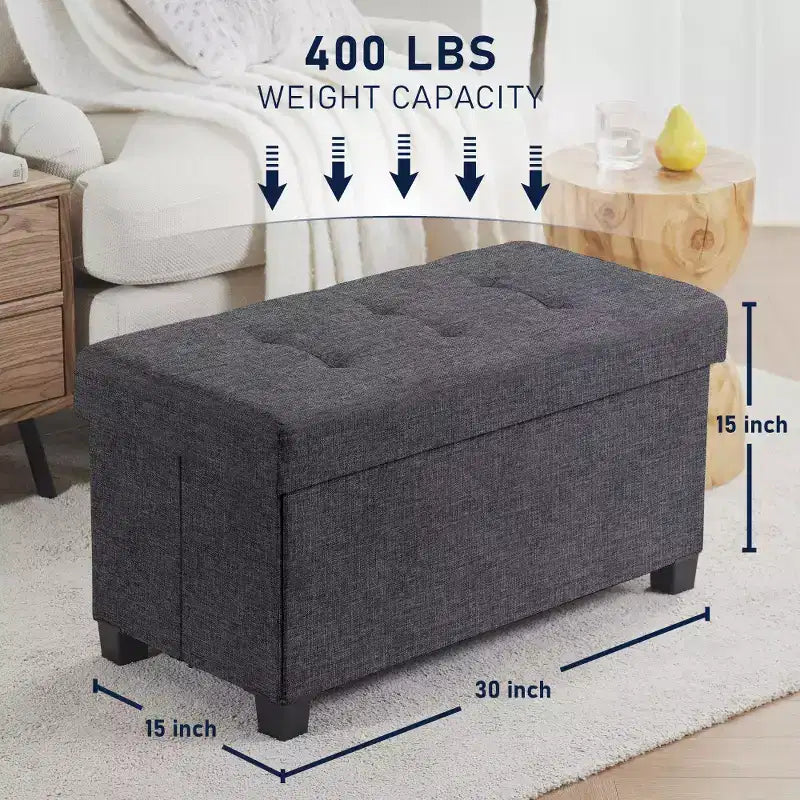 Foldable Tufted 30" Linen Bench Storage Ottoman with Legs for Bedroom, Entryway and Living Room