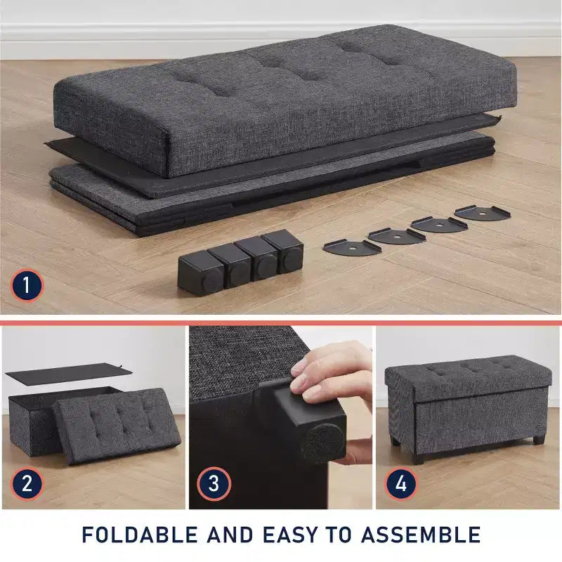 Foldable Tufted 30" Linen Bench Storage Ottoman with Legs for Bedroom, Entryway and Living Room