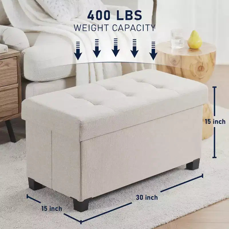 Foldable Tufted 30" Linen Bench Storage Ottoman with Legs for Bedroom, Entryway and Living Room