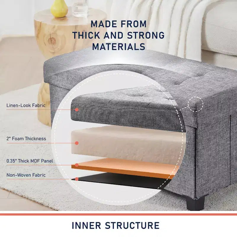 Foldable Tufted 30" Linen Bench Storage Ottoman with Legs for Bedroom, Entryway and Living Room