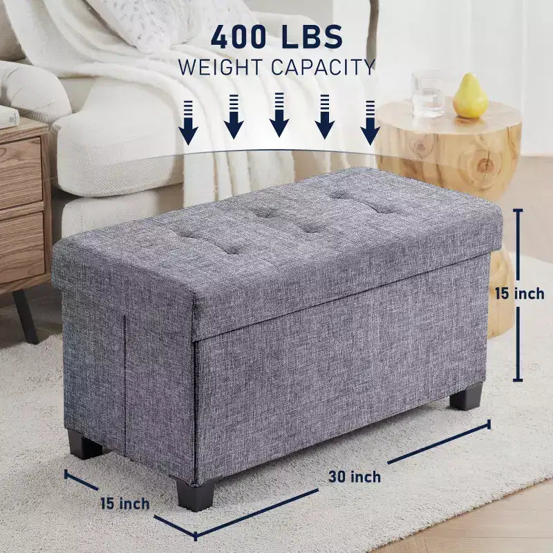 Foldable Tufted 30" Linen Bench Storage Ottoman with Legs for Bedroom, Entryway and Living Room