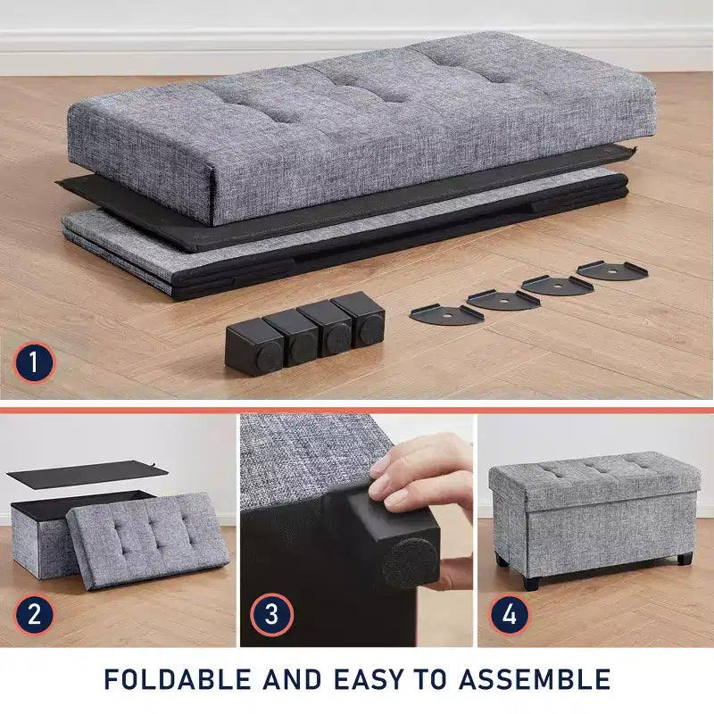 Foldable Tufted 30" Linen Bench Storage Ottoman with Legs for Bedroom, Entryway and Living Room