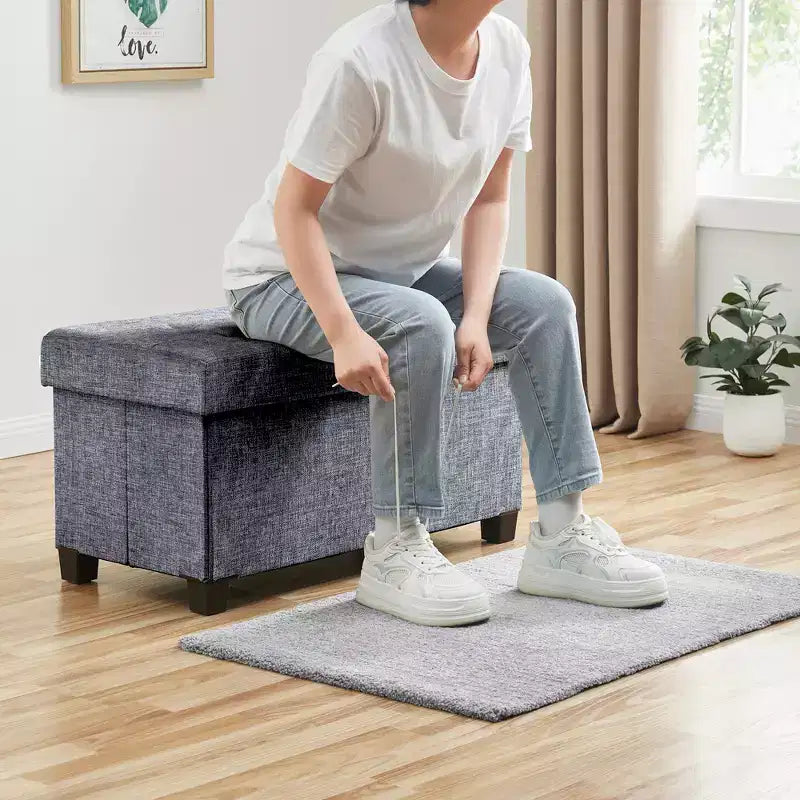 Foldable Tufted 30" Linen Bench Storage Ottoman with Legs for Bedroom, Entryway and Living Room