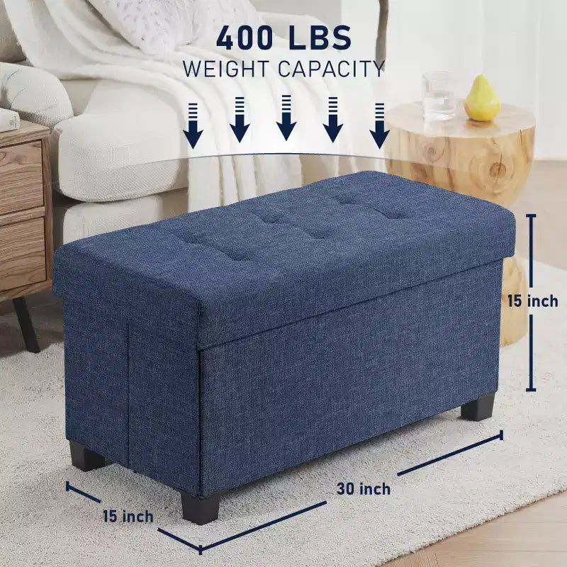 Foldable Tufted 30" Linen Bench Storage Ottoman with Legs for Bedroom, Entryway and Living Room