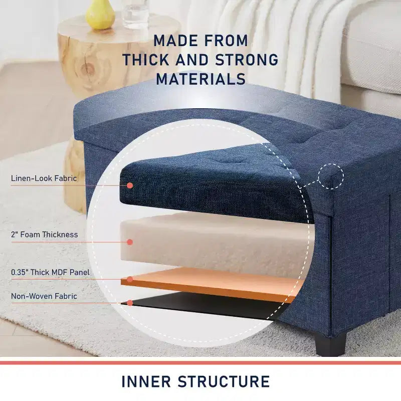 Foldable Tufted 30" Linen Bench Storage Ottoman with Legs for Bedroom, Entryway and Living Room