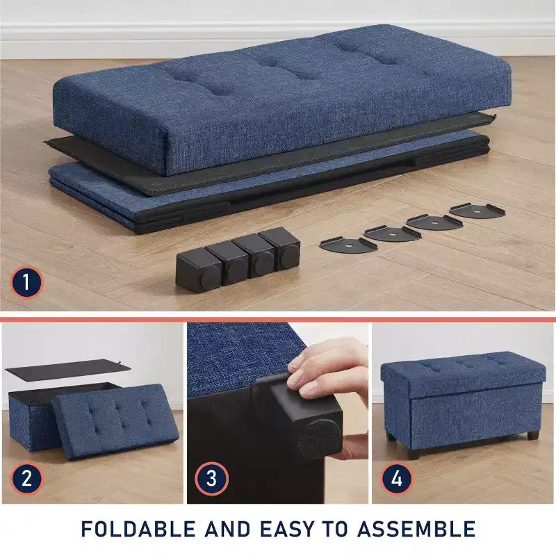 Foldable Tufted 30" Linen Bench Storage Ottoman with Legs for Bedroom, Entryway and Living Room