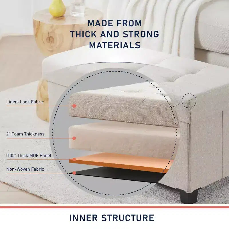 Foldable Tufted 30" Linen Bench Storage Ottoman with Legs for Bedroom, Entryway and Living Room