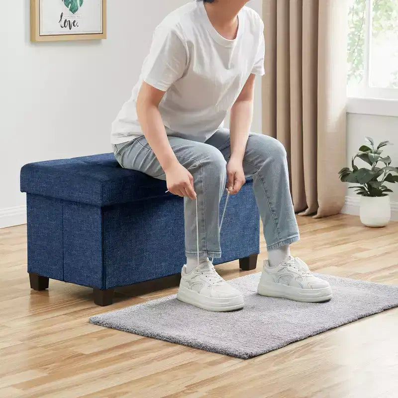 Foldable Tufted 30" Linen Bench Storage Ottoman with Legs for Bedroom, Entryway and Living Room
