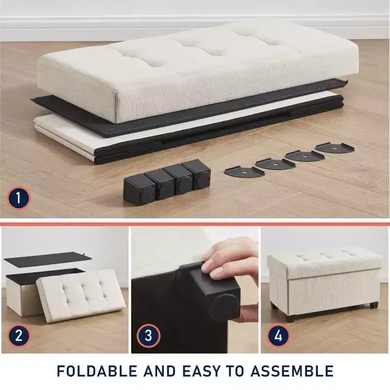 Foldable Tufted 30" Linen Bench Storage Ottoman with Legs for Bedroom, Entryway and Living Room