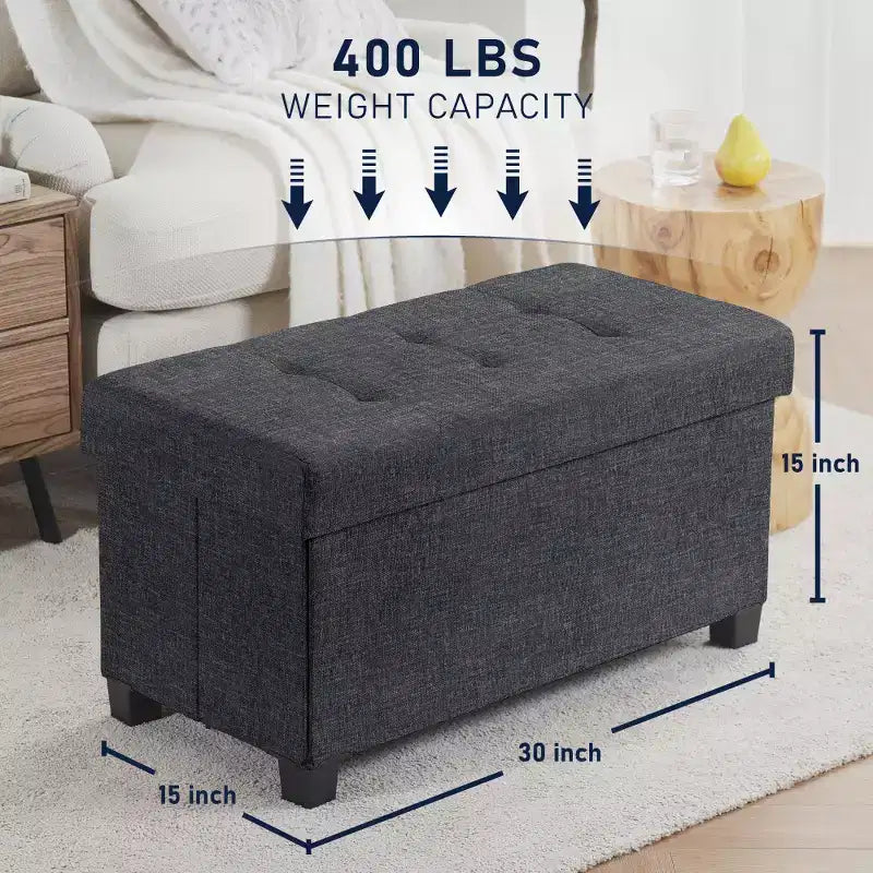 Foldable Tufted 30" Linen Bench Storage Ottoman with Legs for Bedroom, Entryway and Living Room