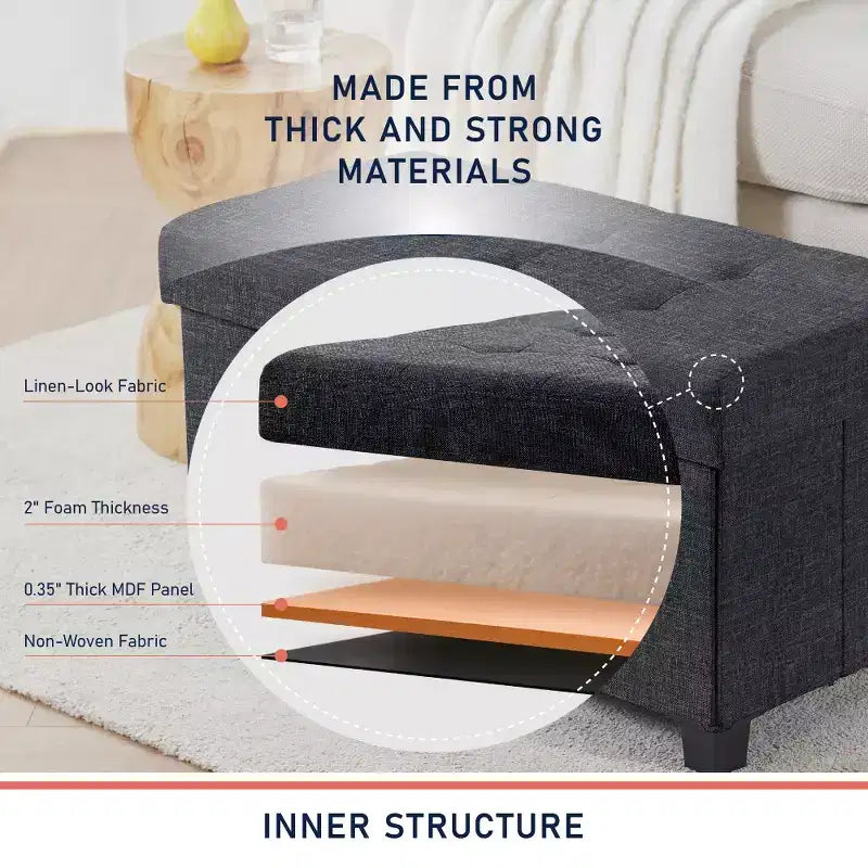Foldable Tufted 30" Linen Bench Storage Ottoman with Legs for Bedroom, Entryway and Living Room