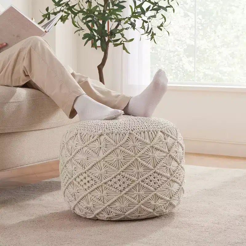 Cotton Macrame Braid Pouf Ottoman - 18.5 x 15