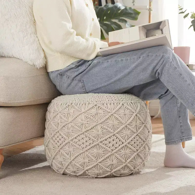 Cotton Macrame Braid Pouf Ottoman - 18.5 x 15