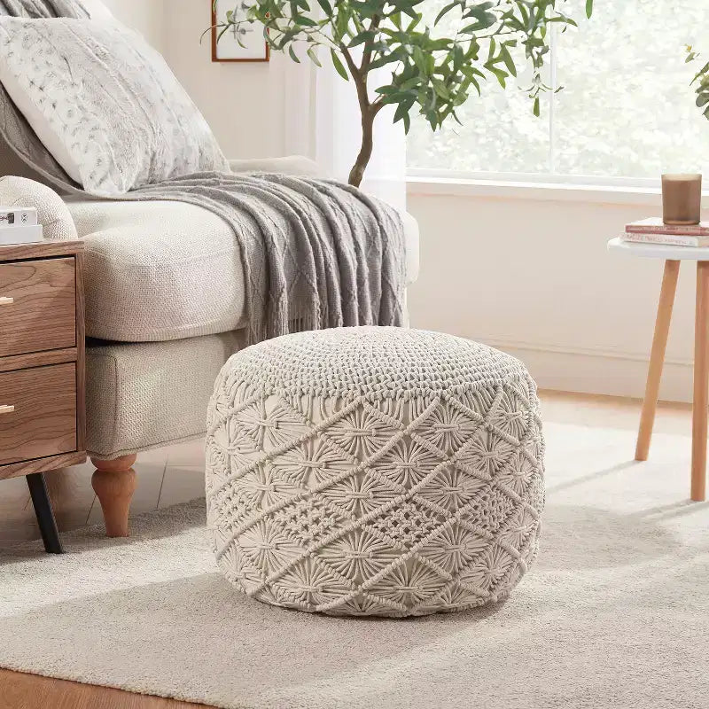 Cotton Macrame Braid Pouf Ottoman - 18.5 x 15