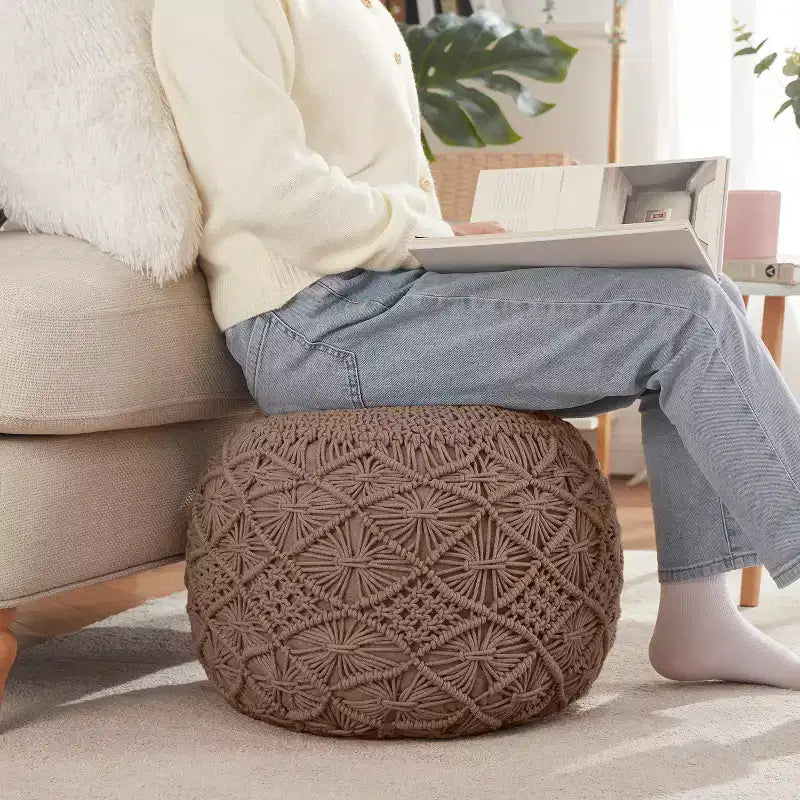 Cotton Macrame Braid Pouf Ottoman - 18.5 x 15