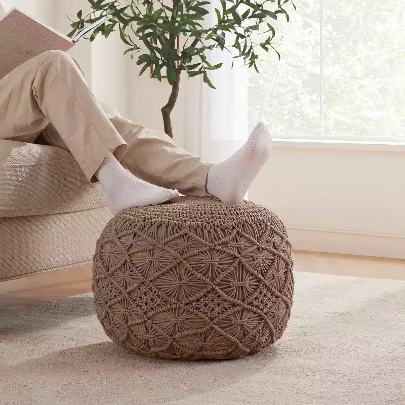 Cotton Macrame Braid Pouf Ottoman - 18.5 x 15