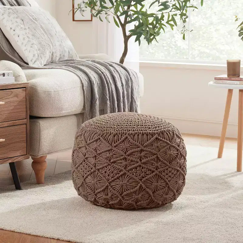 Cotton Macrame Braid Pouf Ottoman - 18.5 x 15